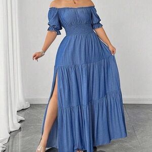 Elegant Blue Off-Shoulder Maxi Dress